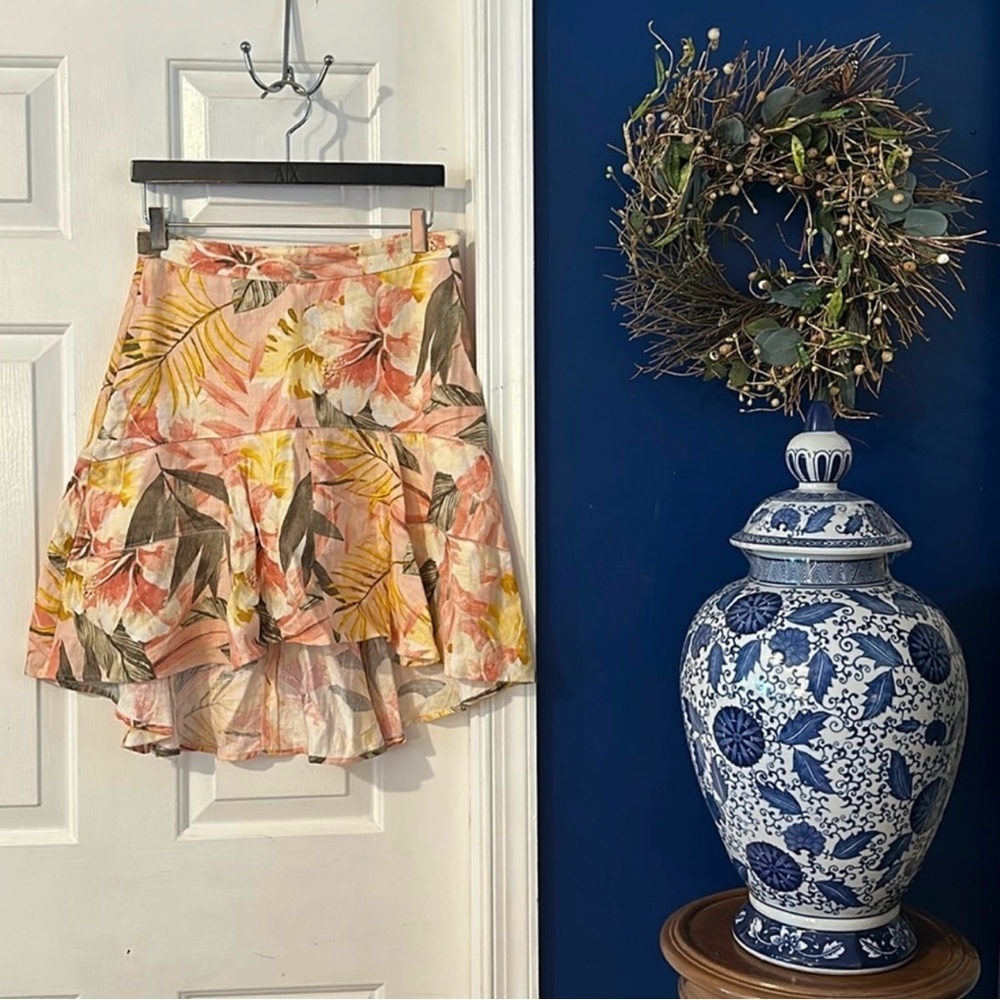 NWOT Women’s Joie Radhiya Linen Tropical Floral Print Asymmetrical Skirt Size 6